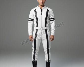 Men's Lamb Leather Jumpsuit: Biker Stripe Romper Suit White/Black