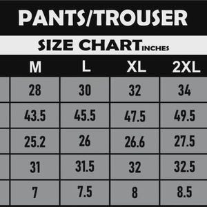 Pu&ograve; includere: Tabella delle taglie per pantaloni, con misure in pollici. La tabella include misure di vita, fianchi, coscia, orlo a lunghezza e fondo per taglie dalla S alla 5XL. Il testo "PANTS/TROUSER" &egrave; in alto.