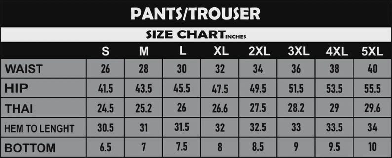 Pu&ograve; includere: Tabella delle taglie per pantaloni, con misure in pollici. La tabella include misure di vita, fianchi, coscia, orlo a lunghezza e fondo per taglie dalla S alla 5XL. Il testo "PANTS/TROUSER" &egrave; in alto.