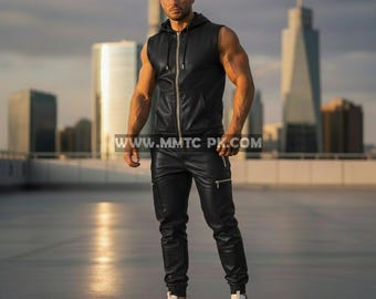 Men's Genuine Black Lambskin Leather Sleeveless Track Suit Sweatsuit Hoodie Suit