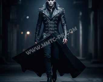 Cappotto lungo gotico da uomo in vera pelle di vacchetta, speciale Halloween: cappotto lungo steampunk da vampiro