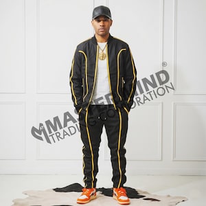 Men's Brayden Leather Track Suit Sweatsuit [Black/Yellow] 100% Real Lamb Leather image 1