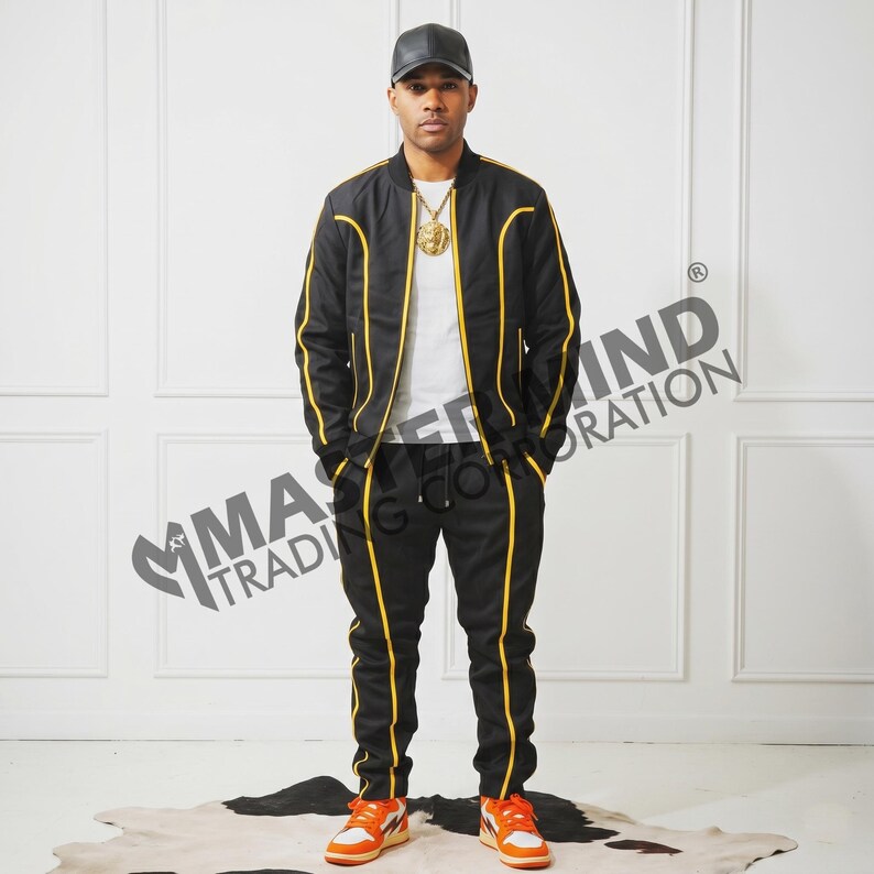 Men's Brayden Leather Track Suit Sweatsuit [Black/Yellow] 100% Real Lamb Leather image 1