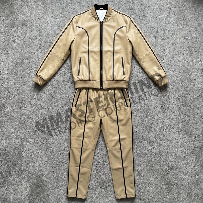 Herren Brayden Lederanzug [Khaki / Schwarz] 100% echtes Lammleder Bild 2