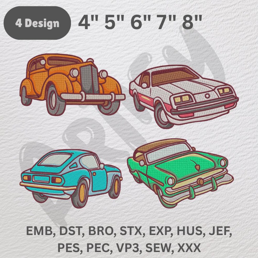 Vintage Car Embroidery Design Set: Retro Vehicle Machine Embroidery ...