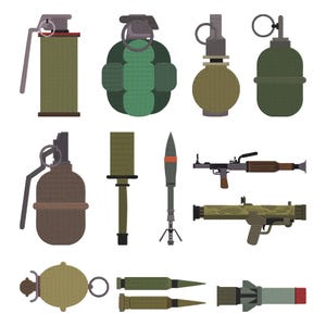 May include: An illustration featuring a collection of military weaponry. The image includes various grenades, a rocket launcher, and ammunition, rendered in shades of green, brown, and grey. The detailed designs are set against a white backdrop.