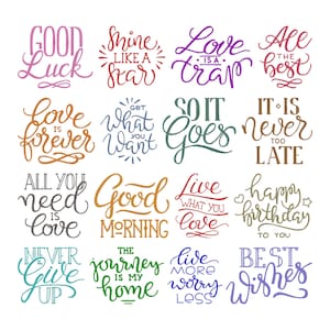 Könnte beinhalten: Eine Sammlung farbenfroher, handgeschriebener Sätze auf weißem Hintergrund. Zu den Sätzen gehören "Good Luck", "Shine Like a Star", "Love is a Trap" und "All the Best". Die Wörter sind in verschiedenen Schriftarten und Farben.