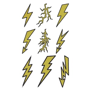 May include: Nine yellow lightning bolt designs with black outlines are arranged on a white background. The bolts vary in shape, including classic zigzags and more complex, branching patterns. These designs could be used for patches or stickers.