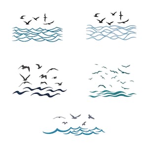 May include: A collection of five illustrations featuring stylized depictions of birds in flight above ocean waves. The waves are rendered in shades of blue and teal, while the birds are depicted in black. The designs are simple and graphic.