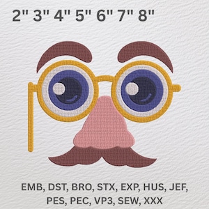 May include: A cartoon face with large round glasses, a pink nose, and a brown mustache. The image includes size options from 2 inches to 8 inches. The text "EMB, DST, BRO, STX, EXP, HUS, JEF, PES, PEC, VP3, SEW, XXX" is at the bottom of the image.