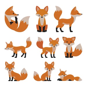 Puede incluir: Una colección de zorros de dibujos animados naranjas y blancos en varias poses. Algunos zorros están sentados, de pie o acostados. Los zorros tienen patas y orejas negras y colas con puntas blancas. El fondo es blanco.