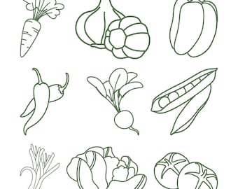 Vegetable Line Art Embroidery Design, Kitchen Vegetable Garden Machine Embroidery File, 9 Design, 9 Size, Instant Download