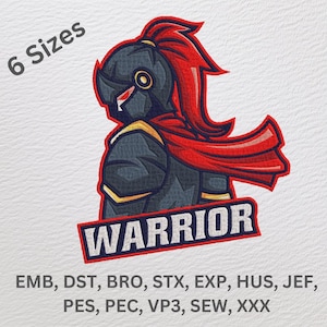 May include: A black and red warrior character with a red scarf and the word "WARRIOR" in white text. The image includes the text "6 Sizes" and "EMB, DST, BRO, STX, EXP, HUS, JEF, PES, PEC, VP3, SEW, XXX".