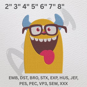 Grappig monster borduurontwerp – schattige nerdy gehoornde monster machinesteekbestand – cartoon-patch voor kinderen