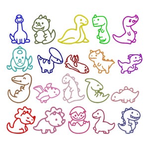 Puede incluir: Una colección de veinte bandas elásticas individuales con forma de dinosaurio en varios colores, incluyendo azul, verde, amarillo, naranja, morado, rojo y rosa. Cada banda presenta un contorno de estilo caricatura de una criatura prehistórica.