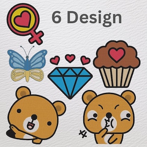 Cute Cartoon Embroidery Design Bundle | Bear, Diamond, Cupcake, Butterfly & Love Symbols – 6 Design, Machine Files