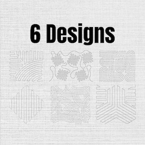 以下が含まれることがあります： 太い黒文字で「6 Designs」と書かれたテキストの下に、6つの異なる正方形のパターンが配置されたデジタルグラフィック。各パターンは、平行線、曲線、角張ったモチーフなど、幾何学的な形を形成する細い黒い線で構成されています。