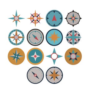 May include: A collection of fourteen distinct compass rose and navigational icons arranged in a grid. The designs feature circular and star-shaped motifs in a palette of teal, mustard yellow, dark gray, and red, showcasing various geometric patterns.