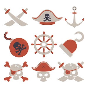 May include: A collection of pirate-themed illustrations. The designs include crossed swords, a pirate hat with a skull and crossbones, an anchor, a bomb with a skull, a ship's wheel, a hook, and three skull designs with eye patches and crossed bones. The color palette is red, white, and black.