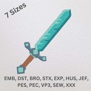 May include: A turquoise and brown pixelated sword design, available in 7 sizes.  The file formats included are EMB, DST, BRO, STX, EXP, HUS, JEF, PES, PEC, VP3, SEW, and XXX.