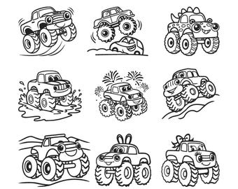 Paquete de bordado a máquina con diseño de camiones monstruo, 9 bonitos bordados de camiones para niños