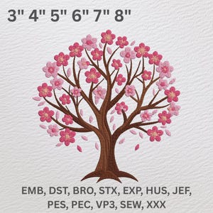桜の木の刺繍デザイン | 桜の花の木の機械刺繍ファイル | 春のピンクの木のアップリケ