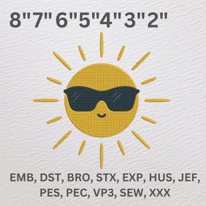 Cool Sun Embroidery Design, Summer Sunshine Machine Embroidery File, 7 Sizes Included, Instant Download