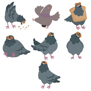 May include: A collection of seven embroidered pigeon illustrations in various poses. The birds are depicted in shades of grey with orange eyes and pink feet. One pigeon is eating seeds, another wears a slice of bread, and others stand or sit.