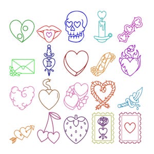 Puede incluir: Una colección de veinte ilustraciones de líneas coloridas con varios motivos, incluyendo corazones, una calavera con ojos en forma de corazón, una daga, una vela, una fresa, cerezas, una rosa, un sobre y un corazón en llamas, dispuestos en una cuadrícula.
