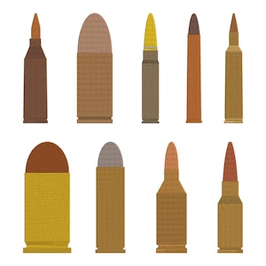 May include: An illustration of eight different types of ammunition. The bullets vary in color, including brown, yellow, and silver, and have different tip shapes. The casings are cylindrical, and the tips are pointed or rounded.