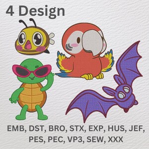 Cute Animal Embroidery Design Bundle, Bee, Parrot, Bat & Turtle Machine Embroidery Files, Kawaii Animal Patterns, Instant Download