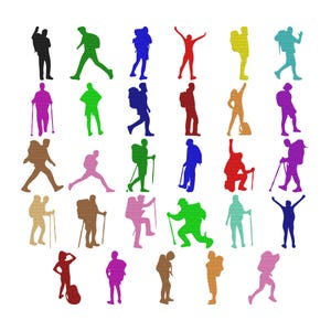 May include: A collection of thirty colorful silhouettes depicting individuals engaged in hiking and outdoor activities. The figures are rendered in various solid colors including red, blue, green, purple, brown, and yellow, showing people with backpacks, walking poles, and dynamic poses.
