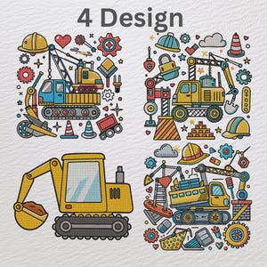 Broderidesign för bygglastbil, grävmaskin, verktyg och hjälm, maskinbroderifil för pojkar, direkt nedladdning