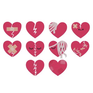 May include: A collection of ten pink heart designs, each with a unique depiction of heartbreak. Some hearts are split with bandages, stitches, or lightning bolts. Others feature bandages, eyelashes, or patches, conveying themes of love and loss.
