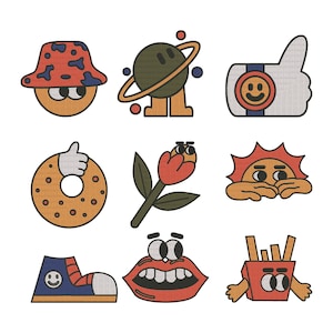 May include: A set of quirky cartoon illustrations. The designs feature a smiling face in a bucket hat, a planet with legs, a thumbs-up with a smiley face, a donut with a thumbs-up, a flower, a sun, a shoe, a mouth, and a box of fries.