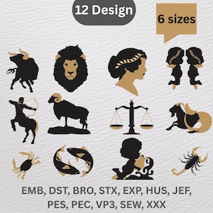 12 Zodiac Silhouette Embroidery Designs Bundle | Astrology Horoscope Symbols Set | Instant Digital Download