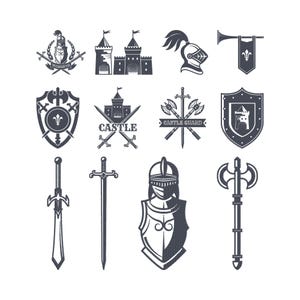 May include: A collection of medieval-themed illustrations in black and white. The designs include a castle, knight's helmet, shield, swords, axes, and a banner with a fleur-de-lis symbol. These illustrations are suitable for various design projects.