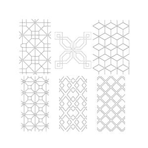 May include: A collection of six distinct black and white geometric patterns arranged in a grid. The designs include linear grids, interlocking diamond shapes, cube-like structures, and complex symmetrical line motifs on a plain white background.
