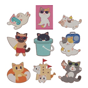 May include: A collection of embroidered patches featuring cartoon cats enjoying summer activities. Cats are depicted with sunglasses, surfboards, and ice cream cones. One cat is in a bucket, and another is on a beach towel. The patches are in various colors.