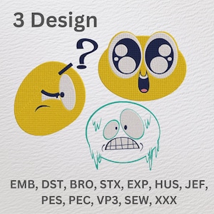 Funny Emoji Face Embroidery Designs, 3 Cute Emoticon Expressions, Machine Embroidery Files,Instant Download