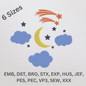 May include: A digital embroidery design featuring a crescent moon, shooting stars, and clouds. The design is available in six sizes and includes the text "6 Sizes".