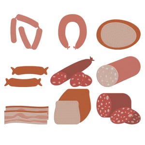 Pode incluir: Uma variedade de produtos de carne ilustrados, incluindo salsichas, salame, bacon e um corte semelhante a presunto. A imagem apresenta várias formas e cores, com foco nos diferentes cortes e estilos de carne.