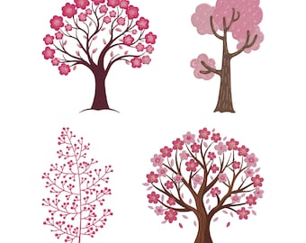 Diseños de bordado a máquina de cerezos en flor, juego de 4, apliques florales de Sakura (descarga digital)