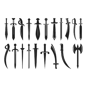 May include: A collection of black silhouette illustrations of various swords and an axe. The designs include straight and curved blades, with different handle and hilt styles. The weapons are arranged in two rows.
