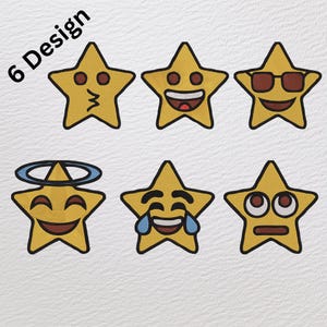 Star Emoji Embroidery Design Bundle – 6 Cute Star Face Machine Embroidery Patterns – Smiley, Crying, Cool, Angel Star – Instant Download