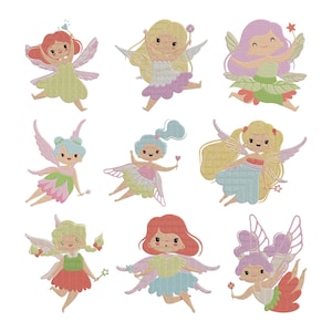 May include: Nine embroidered fairy designs in various colors. Each fairy has wings, a wand, and a unique outfit. The fairies have different hair colors, including red, blonde, and purple. The outfits are in shades of green, pink, and blue.