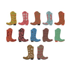 May include: A selection of colourful cowboy boots in diverse designs. The boots display patterns such as cherries, stars, flowers, and abstract shapes. Colours include yellow, red, blue, brown, and green. The boots are arranged in two rows on a white background.
