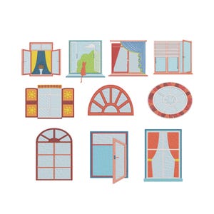 May include: A collection of nine colorful, illustrated windows. The windows vary in shape and style, including arched, rectangular, and circular designs. Some windows feature curtains, while others have open frames, and one has a cat.