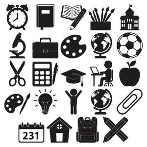 Puede incluir: Una colección de veinticinco iconos negros dispuestos en una cuadrícula, que representan artículos escolares y de oficina, incluyendo un despertador, libro, lápiz, pinceles, edificio escolar, microscopio, maletín, paleta, globo terráqueo, balón de fútbol, tijeras, calculadora, bolígrafo, birrete, persona en un escritorio, manzana, bombilla, clip, calendario con el número 231 y una mochila.