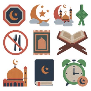 May include: A collection of colorful illustrations featuring Islamic symbols. Includes a crescent moon and star, a mosque, a prayer rug, a book, a clock, and a no-eating sign. The designs are in shades of orange, blue, green, and brown.